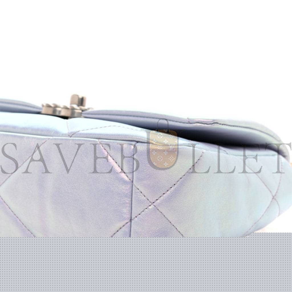 Ch*el iridescent calfskin quilted medium Ch*el 19 flap light silver purple blue as1160  (26*17*8cm)